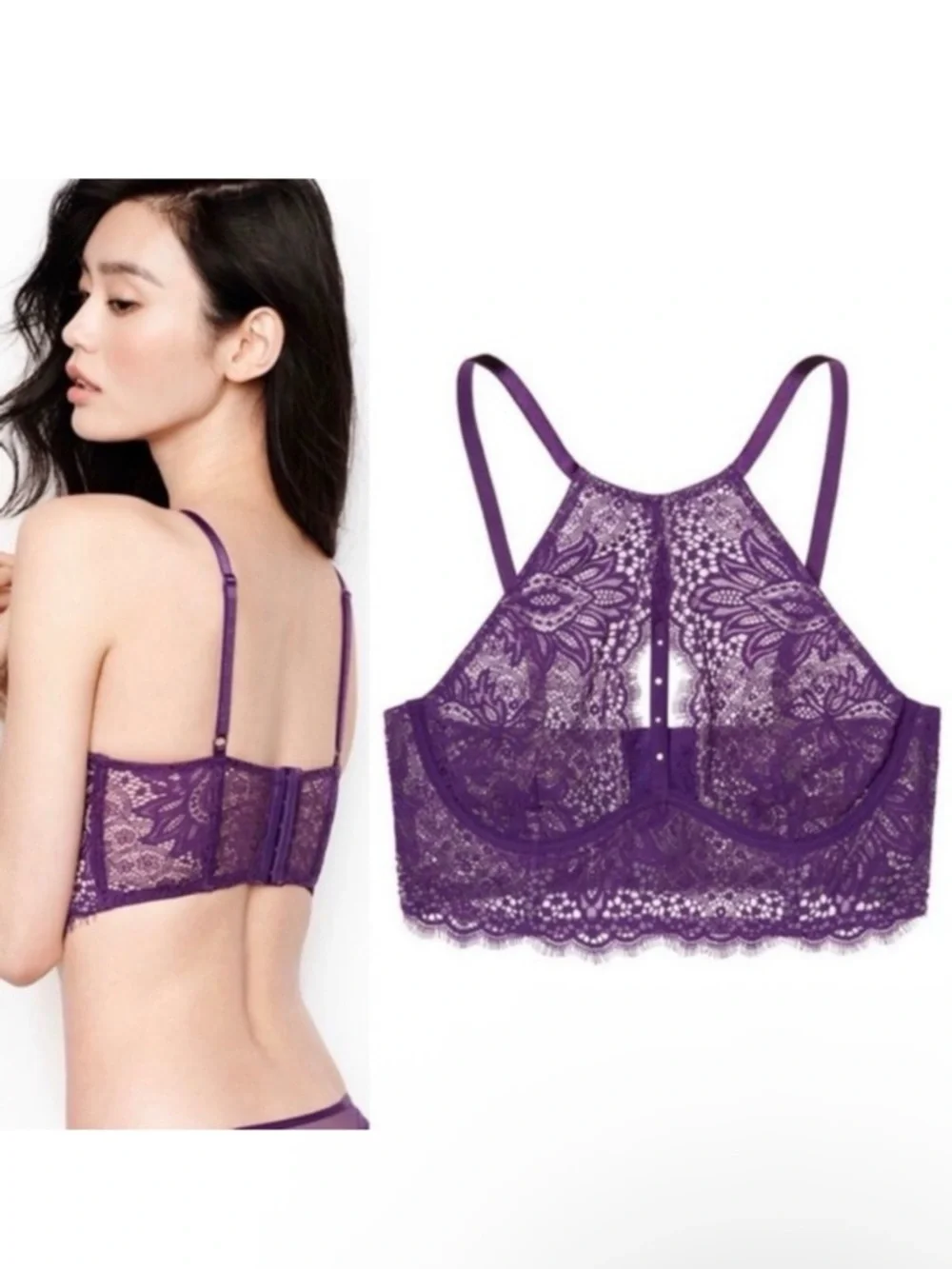 Victoria’s‎ Secret Bra Very Sexy purple lace long line high neck pearls 36C